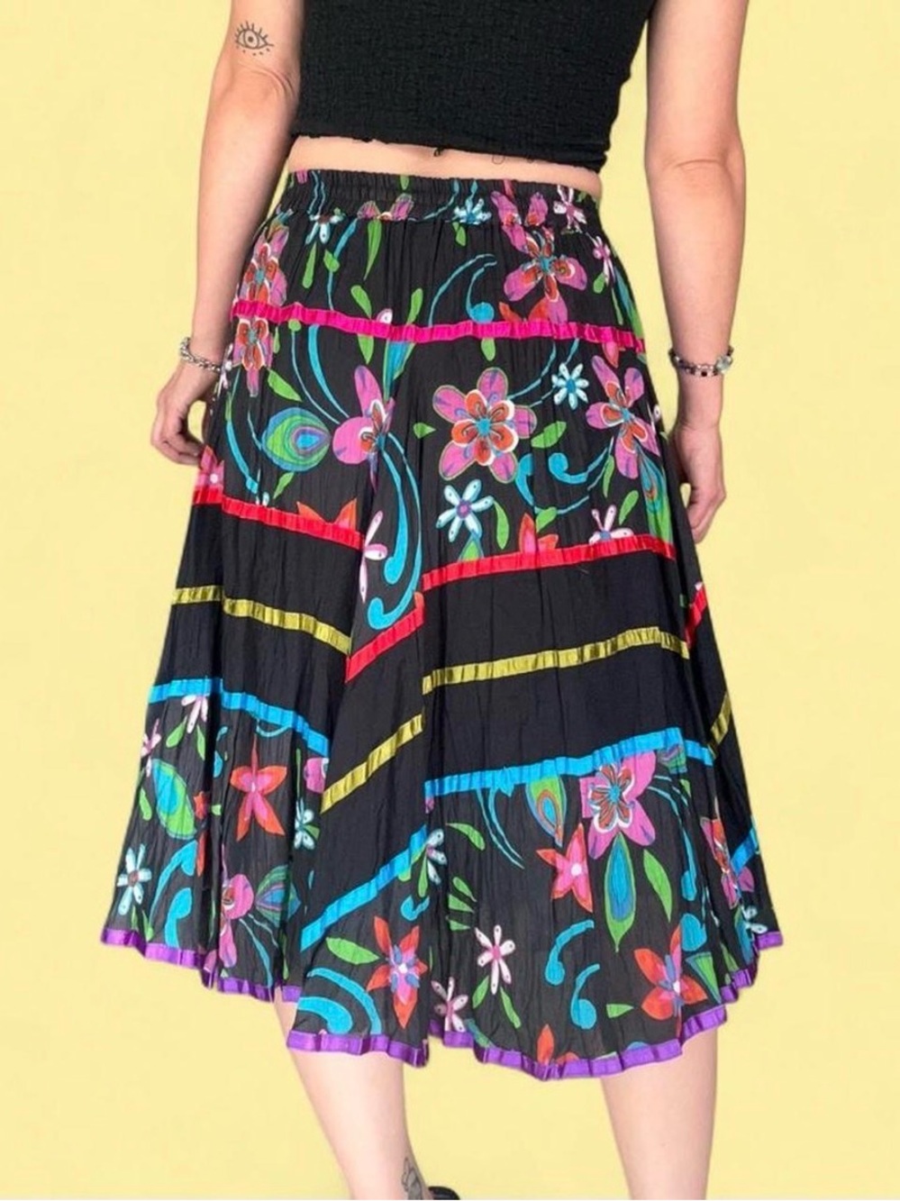 Boho Floral Tiered Midi Skirt in Black with Multicolor Accents - Picture 4 of 8